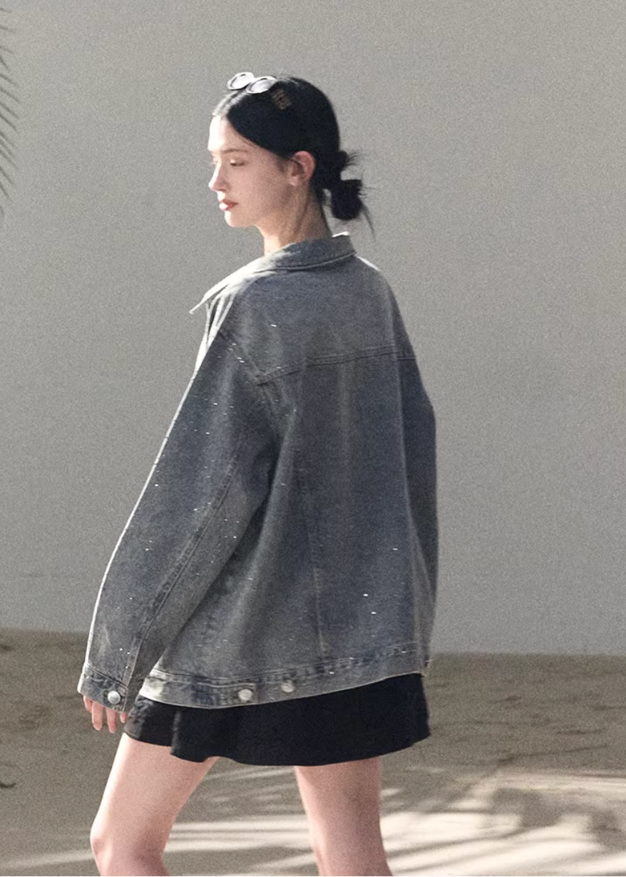 denim work jacket women, crystal denim jacket, embellished denim outerwear, korean utility jacket, mid length denim jacket, heavyweight denim jacket, modern women denim, casual chic denim jacket, premium denim outerwear, relaxed fit denim jacket, subtle sparkle jacket, everyday denim layer, structured denim jacket, oakmoo denim style, contemporary women jacket