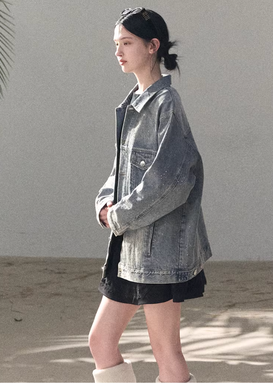 denim work jacket women, crystal denim jacket, embellished denim outerwear, korean utility jacket, mid length denim jacket, heavyweight denim jacket, modern women denim, casual chic denim jacket, premium denim outerwear, relaxed fit denim jacket, subtle sparkle jacket, everyday denim layer, structured denim jacket, oakmoo denim style, contemporary women jacket