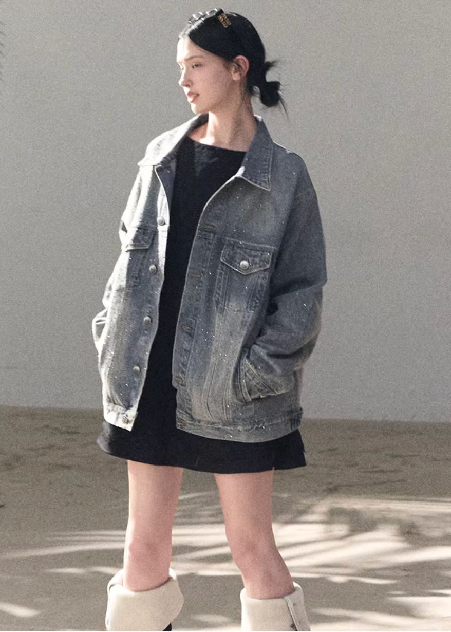 denim work jacket women, crystal denim jacket, embellished denim outerwear, korean utility jacket, mid length denim jacket, heavyweight denim jacket, modern women denim, casual chic denim jacket, premium denim outerwear, relaxed fit denim jacket, subtle sparkle jacket, everyday denim layer, structured denim jacket, oakmoo denim style, contemporary women jacket