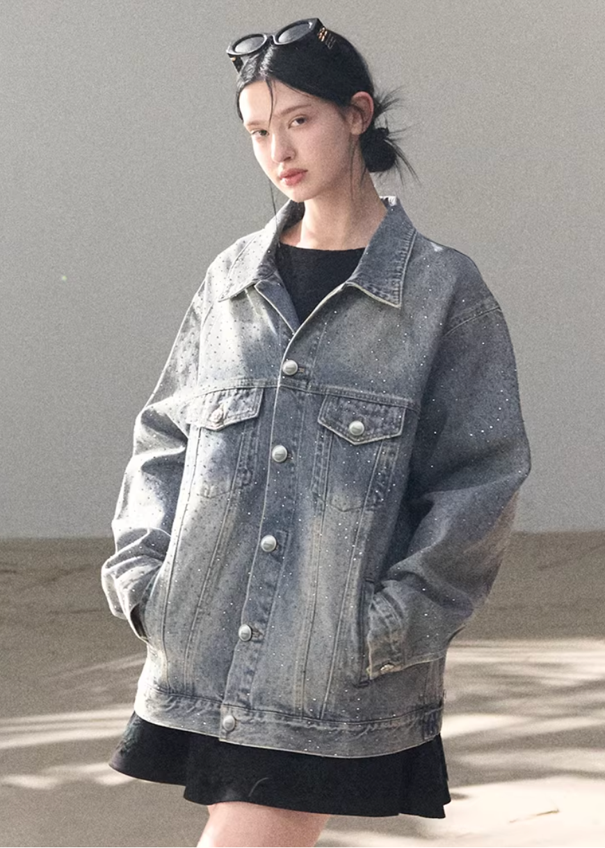 denim work jacket women, crystal denim jacket, embellished denim outerwear, korean utility jacket, mid length denim jacket, heavyweight denim jacket, modern women denim, casual chic denim jacket, premium denim outerwear, relaxed fit denim jacket, subtle sparkle jacket, everyday denim layer, structured denim jacket, oakmoo denim style, contemporary women jacket