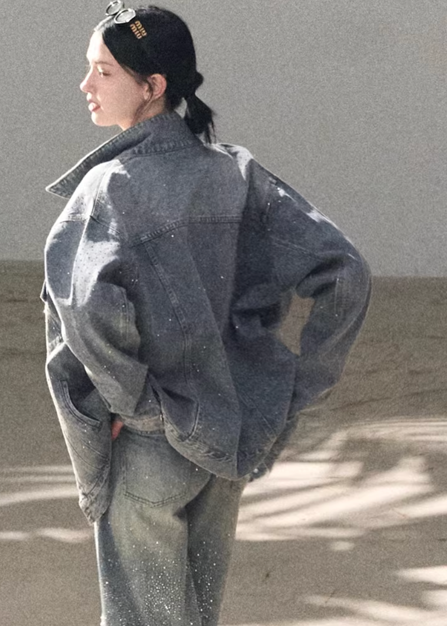 denim work jacket women, crystal denim jacket, embellished denim outerwear, korean utility jacket, mid length denim jacket, heavyweight denim jacket, modern women denim, casual chic denim jacket, premium denim outerwear, relaxed fit denim jacket, subtle sparkle jacket, everyday denim layer, structured denim jacket, oakmoo denim style, contemporary women jacket