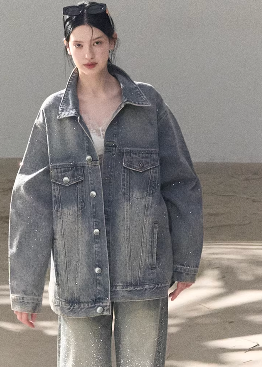 denim work jacket women, crystal denim jacket, embellished denim outerwear, korean utility jacket, mid length denim jacket, heavyweight denim jacket, modern women denim, casual chic denim jacket, premium denim outerwear, relaxed fit denim jacket, subtle sparkle jacket, everyday denim layer, structured denim jacket, oakmoo denim style, contemporary women jacket
