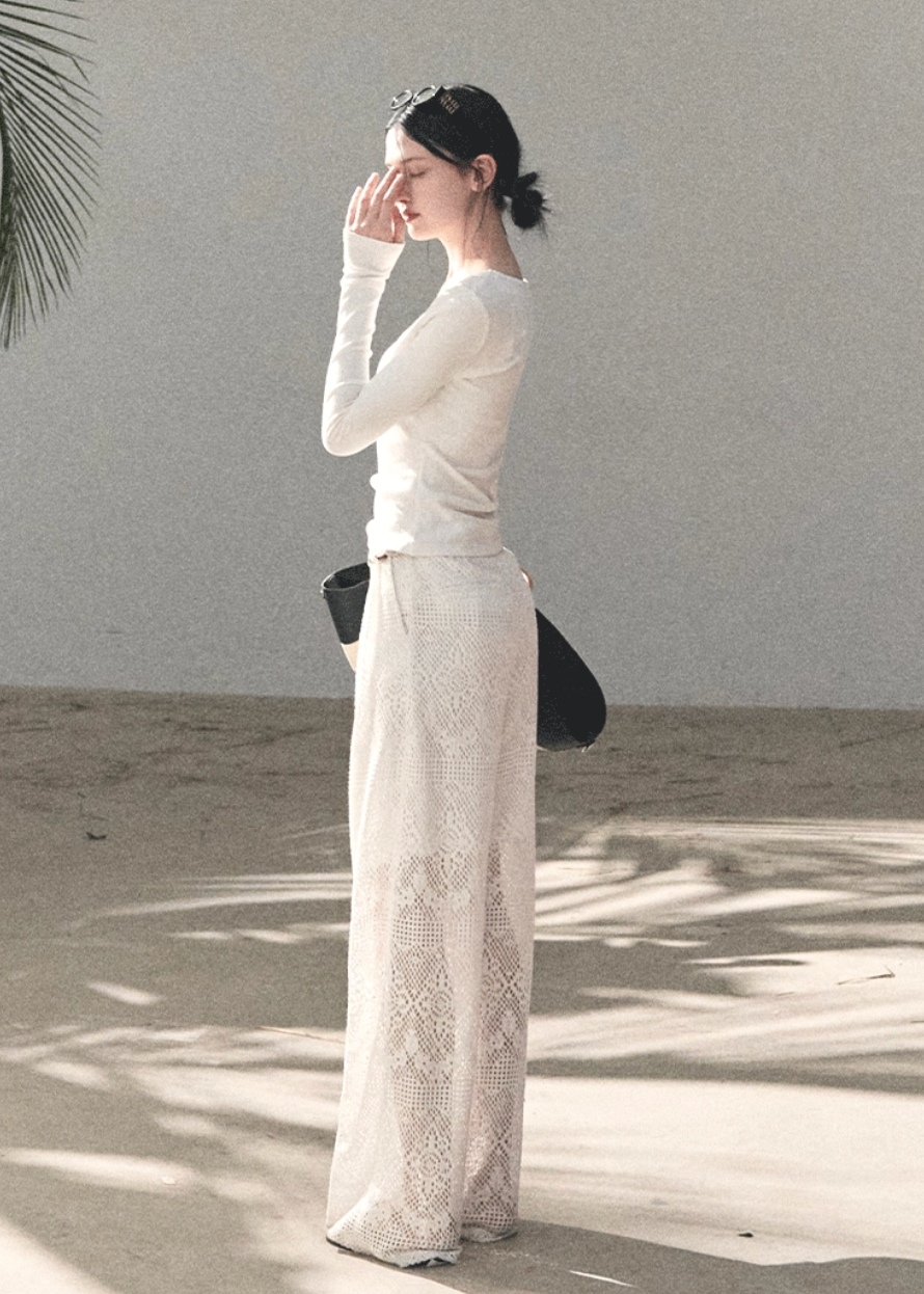 crochet lace pants women, cutout lace slacks, breathable summer pants, korean minimal trousers, wide leg lace pants, lightweight women pants, elegant summer bottoms, modern feminine pants, airy lace trousers, premium crochet pants, resort style pants women, spring summer slacks, versatile lace pants, oakmoo pants style, refined casual bottoms