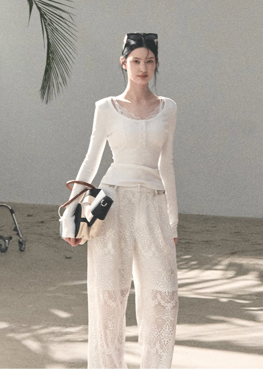 crochet lace pants women, cutout lace slacks, breathable summer pants, korean minimal trousers, wide leg lace pants, lightweight women pants, elegant summer bottoms, modern feminine pants, airy lace trousers, premium crochet pants, resort style pants women, spring summer slacks, versatile lace pants, oakmoo pants style, refined casual bottoms