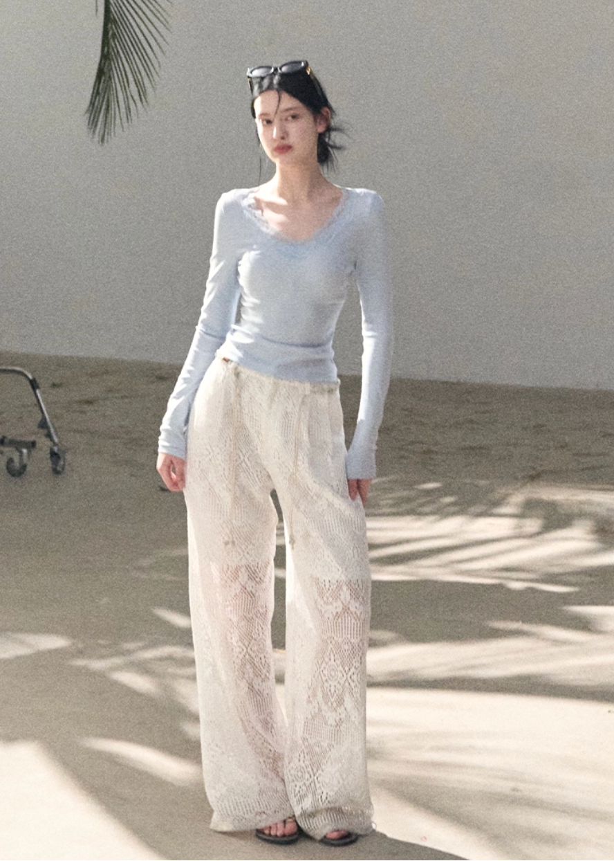 crochet lace pants women, cutout lace slacks, breathable summer pants, korean minimal trousers, wide leg lace pants, lightweight women pants, elegant summer bottoms, modern feminine pants, airy lace trousers, premium crochet pants, resort style pants women, spring summer slacks, versatile lace pants, oakmoo pants style, refined casual bottoms