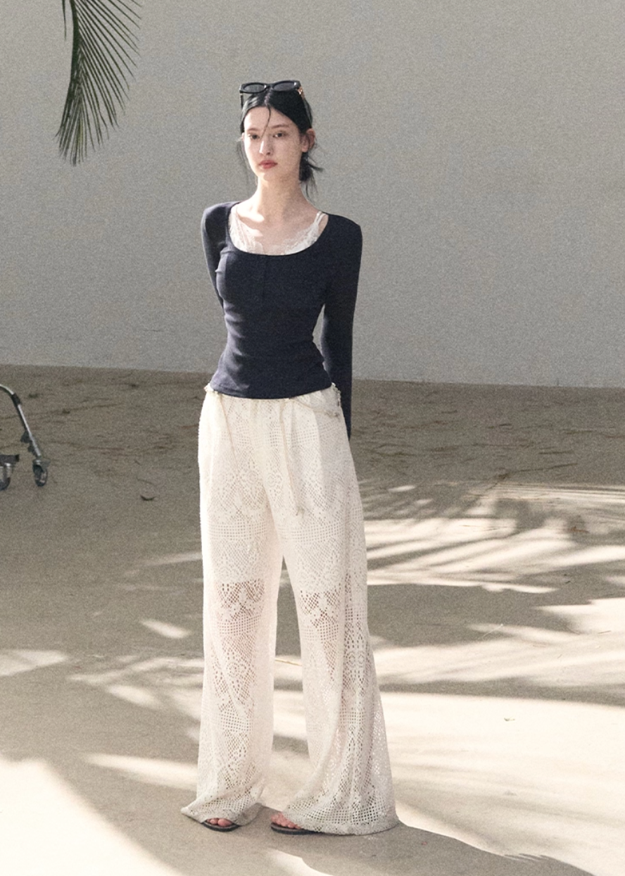 crochet lace pants women, cutout lace slacks, breathable summer pants, korean minimal trousers, wide leg lace pants, lightweight women pants, elegant summer bottoms, modern feminine pants, airy lace trousers, premium crochet pants, resort style pants women, spring summer slacks, versatile lace pants, oakmoo pants style, refined casual bottoms
