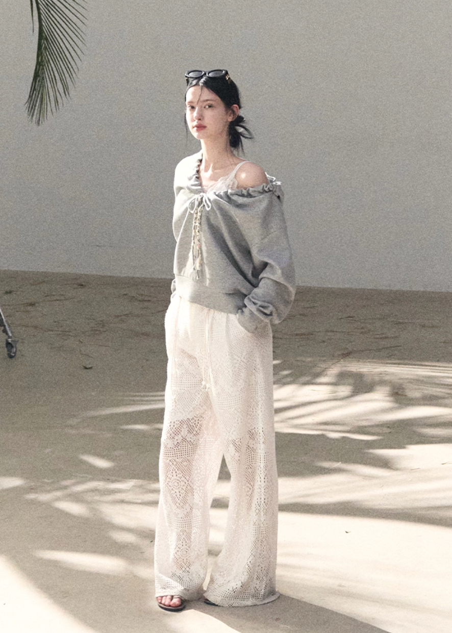 crochet lace pants women, cutout lace slacks, breathable summer pants, korean minimal trousers, wide leg lace pants, lightweight women pants, elegant summer bottoms, modern feminine pants, airy lace trousers, premium crochet pants, resort style pants women, spring summer slacks, versatile lace pants, oakmoo pants style, refined casual bottoms