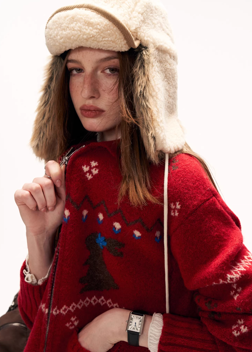y2k cute sweater women, bunny knit cardigan, snowflake sweater women, loose fit knit top, street style cardigan women, autumn winter knitwear, playful y2k top, cozy oversized sweater, casual street knit, trendy cute sweater women, mamc sweater style, graphic knit cardigan, lazy fit knit top, fashion winter sweater, women street fashion knit