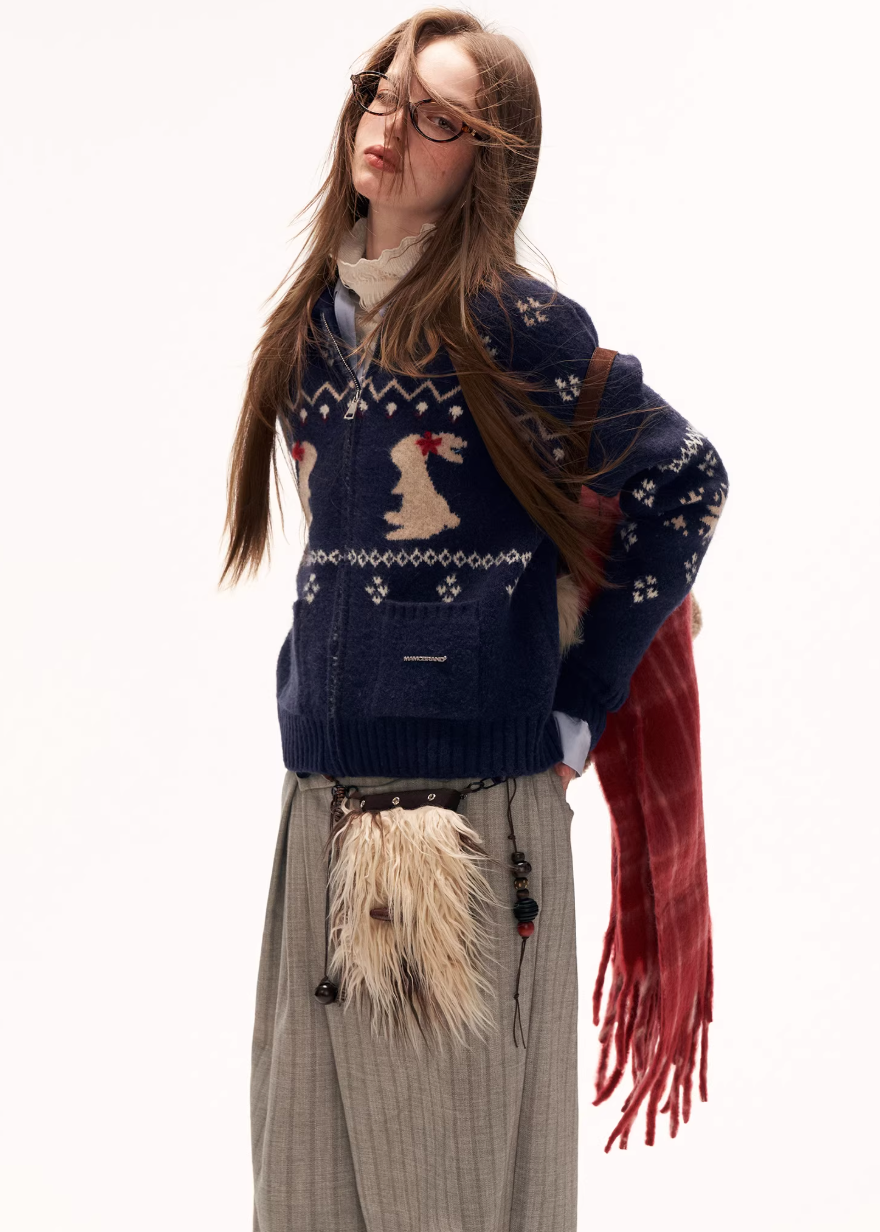 y2k cute sweater women, bunny knit cardigan, snowflake sweater women, loose fit knit top, street style cardigan women, autumn winter knitwear, playful y2k top, cozy oversized sweater, casual street knit, trendy cute sweater women, mamc sweater style, graphic knit cardigan, lazy fit knit top, fashion winter sweater, women street fashion knit