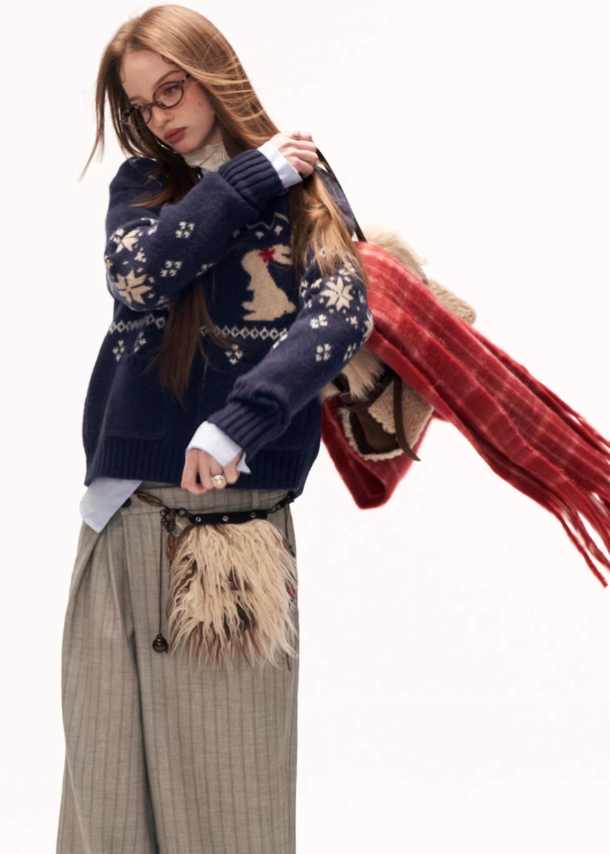 y2k cute sweater women, bunny knit cardigan, snowflake sweater women, loose fit knit top, street style cardigan women, autumn winter knitwear, playful y2k top, cozy oversized sweater, casual street knit, trendy cute sweater women, mamc sweater style, graphic knit cardigan, lazy fit knit top, fashion winter sweater, women street fashion knit