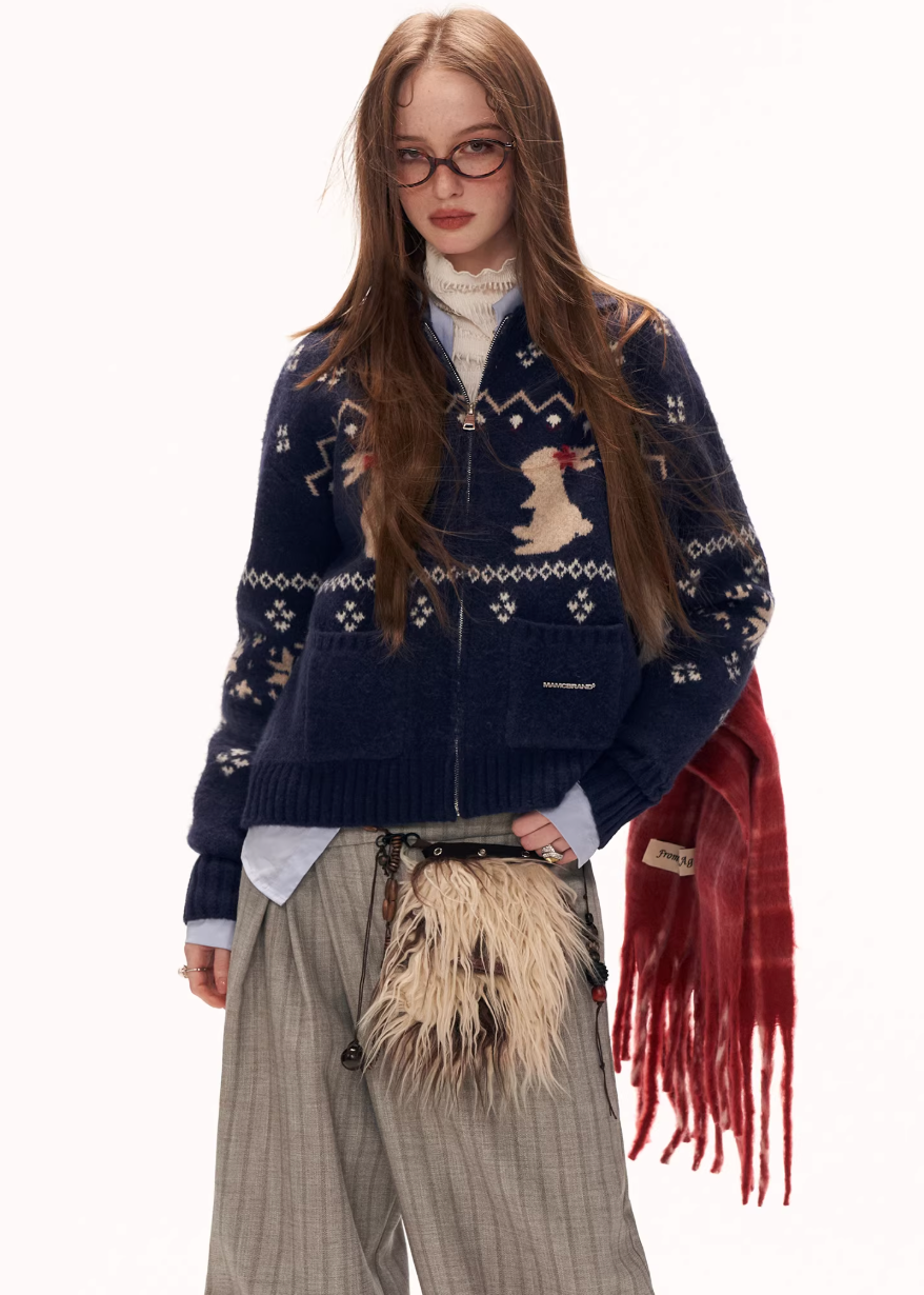 y2k cute sweater women, bunny knit cardigan, snowflake sweater women, loose fit knit top, street style cardigan women, autumn winter knitwear, playful y2k top, cozy oversized sweater, casual street knit, trendy cute sweater women, mamc sweater style, graphic knit cardigan, lazy fit knit top, fashion winter sweater, women street fashion knit