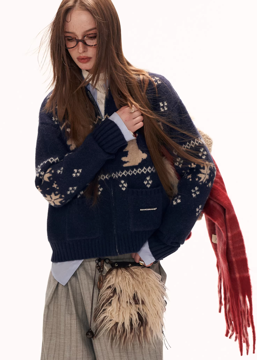 y2k cute sweater women, bunny knit cardigan, snowflake sweater women, loose fit knit top, street style cardigan women, autumn winter knitwear, playful y2k top, cozy oversized sweater, casual street knit, trendy cute sweater women, mamc sweater style, graphic knit cardigan, lazy fit knit top, fashion winter sweater, women street fashion knit