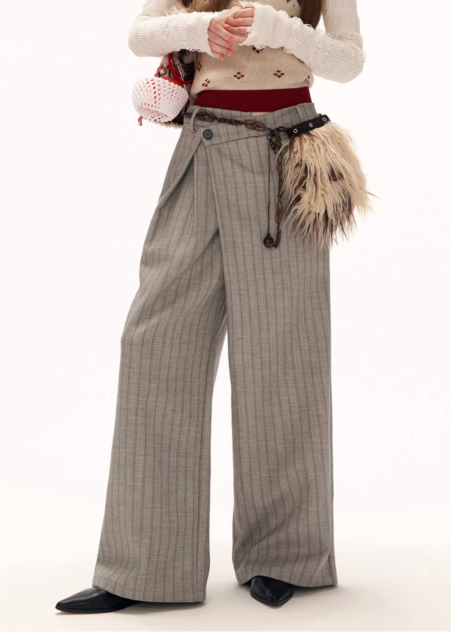 striped trousers women, deconstructed pleated pants, y2k straight leg pants, loose fit gray trousers, street tailored pants women, high waist striped pants, autumn winter trousers women, modern street pants, wide leg striped pants, fashion casual trousers, trendy women pants, mamc pants style, high end street trousers, relaxed fit pleated pants, y2k fashion bottoms