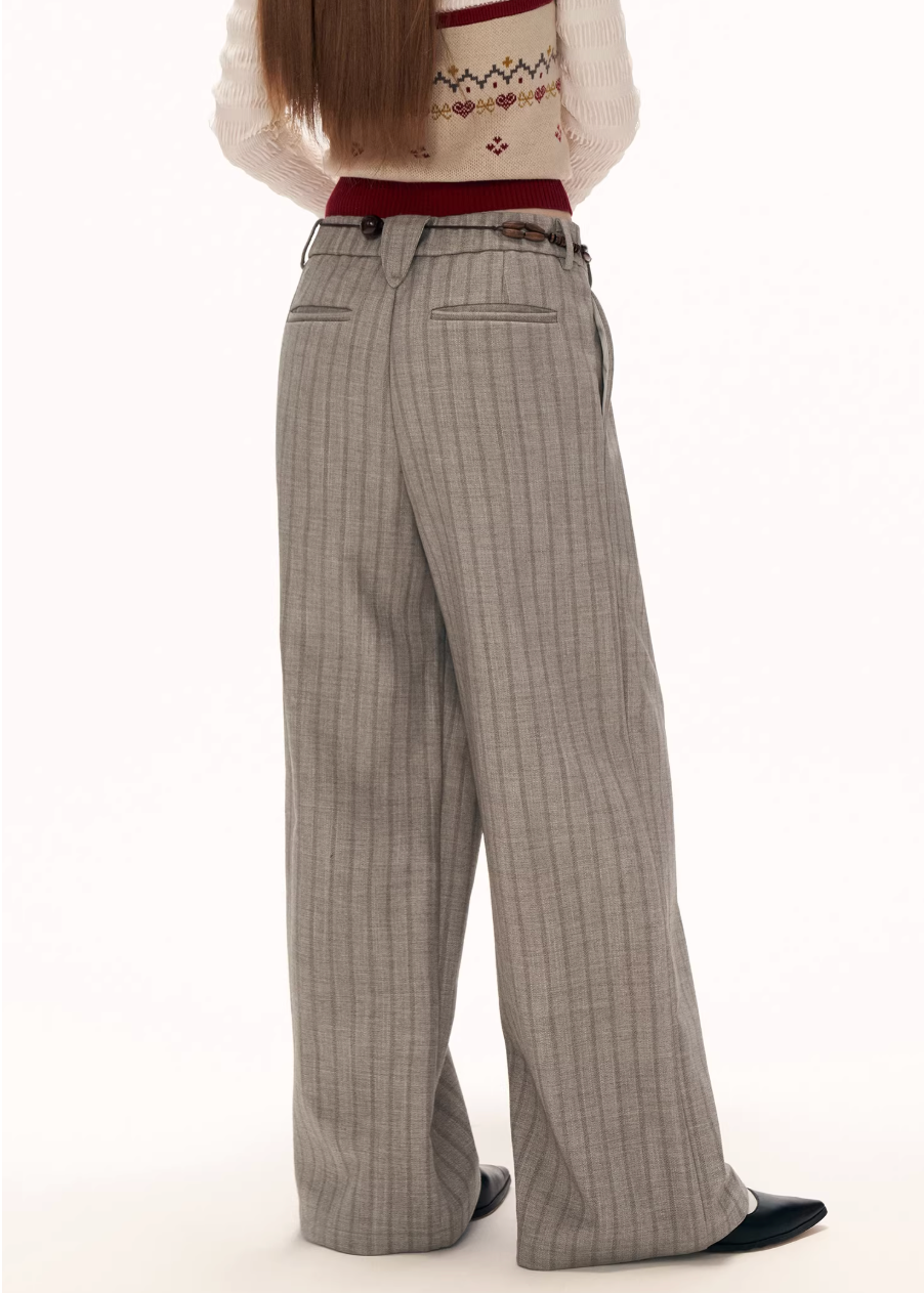 striped trousers women, deconstructed pleated pants, y2k straight leg pants, loose fit gray trousers, street tailored pants women, high waist striped pants, autumn winter trousers women, modern street pants, wide leg striped pants, fashion casual trousers, trendy women pants, mamc pants style, high end street trousers, relaxed fit pleated pants, y2k fashion bottoms