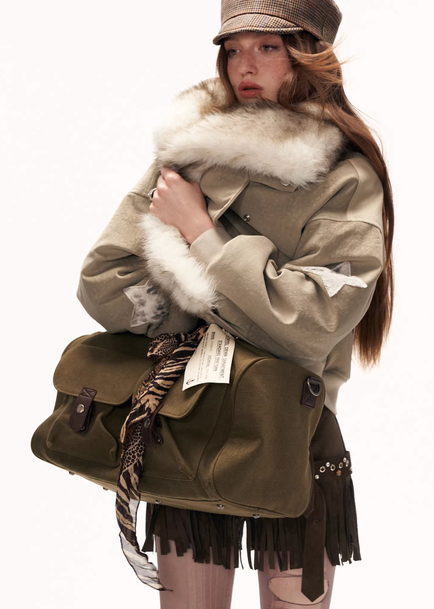 fake two piece jacket women, nubuck suede jacket, fleece street jacket, y2k high fashion outerwear, oversized lapel jacket, loose fit winter jacket, street style suede jacket, trendy autumn winter jacket, deconstructed jacket women, fashion fleece outerwear, mamc jacket style, statement street jacket, high end casual jacket, y2k streetwear women, unique design jacket