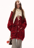 oversized knit jacket women, red chunky cardigan, y2k knit sweater jacket, mixed yarn knit top, loose fit winter sweater, street style knitwear women, midi length cardigan, fashion statement sweater, bow button knit jacket, trendy autumn winter knit, mamc knit style, cozy oversized sweater, high fashion street knit, casual winter cardigan, y2k fashion sweater