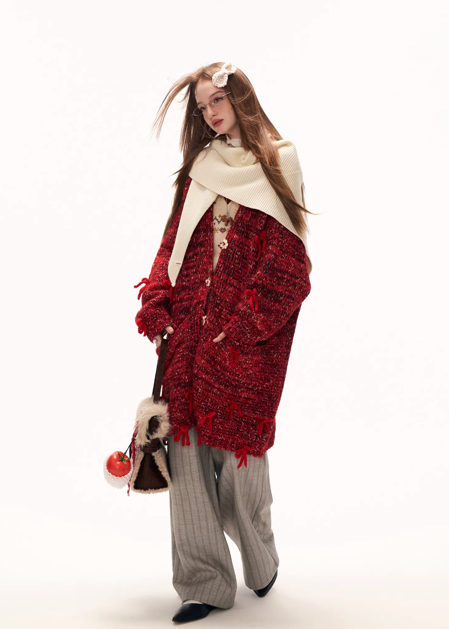 oversized knit jacket women, red chunky cardigan, y2k knit sweater jacket, mixed yarn knit top, loose fit winter sweater, street style knitwear women, midi length cardigan, fashion statement sweater, bow button knit jacket, trendy autumn winter knit, mamc knit style, cozy oversized sweater, high fashion street knit, casual winter cardigan, y2k fashion sweater