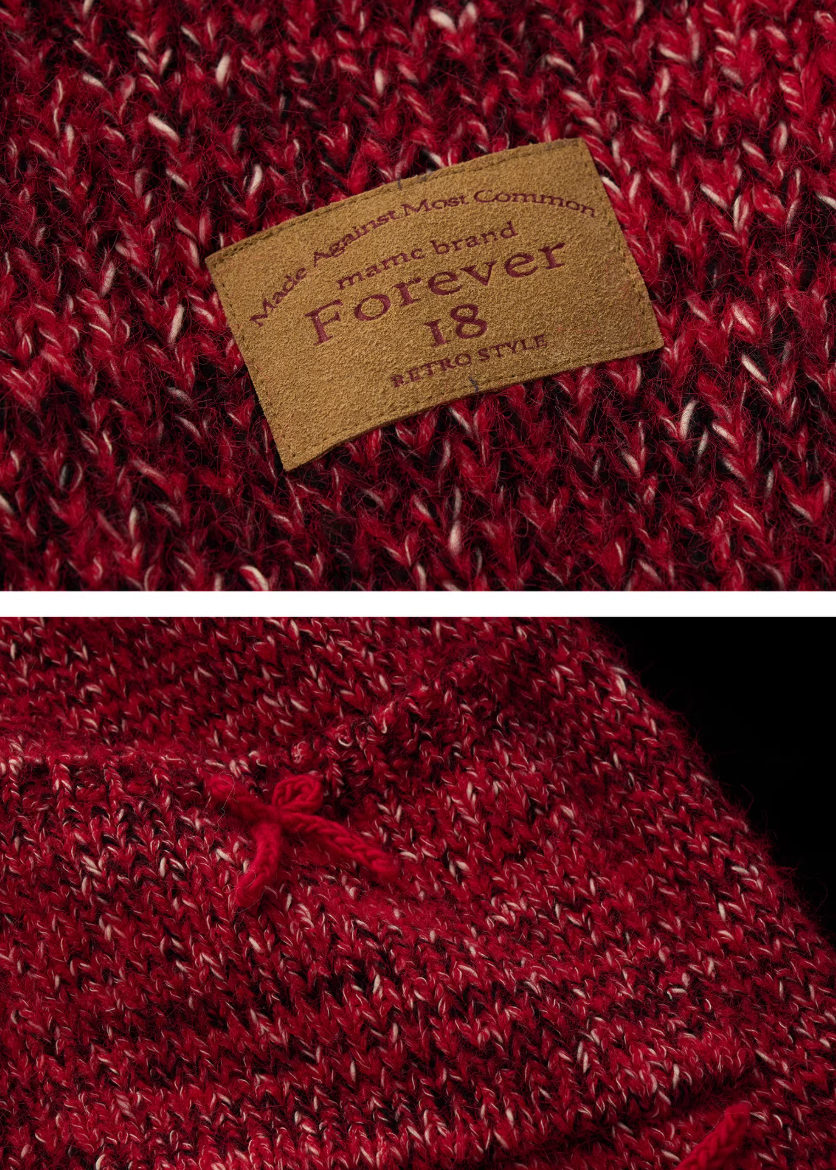 oversized knit jacket women, red chunky cardigan, y2k knit sweater jacket, mixed yarn knit top, loose fit winter sweater, street style knitwear women, midi length cardigan, fashion statement sweater, bow button knit jacket, trendy autumn winter knit, mamc knit style, cozy oversized sweater, high fashion street knit, casual winter cardigan, y2k fashion sweater