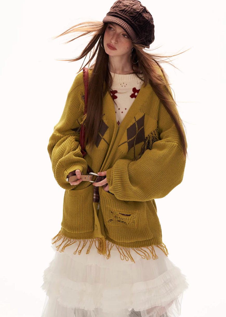 fringed knit sweater women, patchwork sweater jacket, y2k oversized knit, loose fit winter sweater, street style knitwear women, premium casual sweater, lazy fit knit top, autumn winter knitwear, trendy fringe sweater, mamc sweater style, oversized street sweater, casual knit jacket women, fashion patch knit, y2k fashion sweater, long sleeve knit top