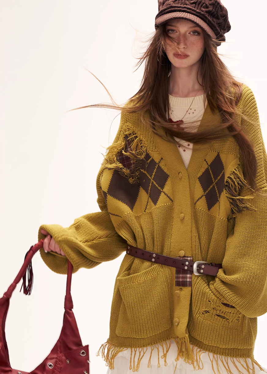 fringed knit sweater women, patchwork sweater jacket, y2k oversized knit, loose fit winter sweater, street style knitwear women, premium casual sweater, lazy fit knit top, autumn winter knitwear, trendy fringe sweater, mamc sweater style, oversized street sweater, casual knit jacket women, fashion patch knit, y2k fashion sweater, long sleeve knit top