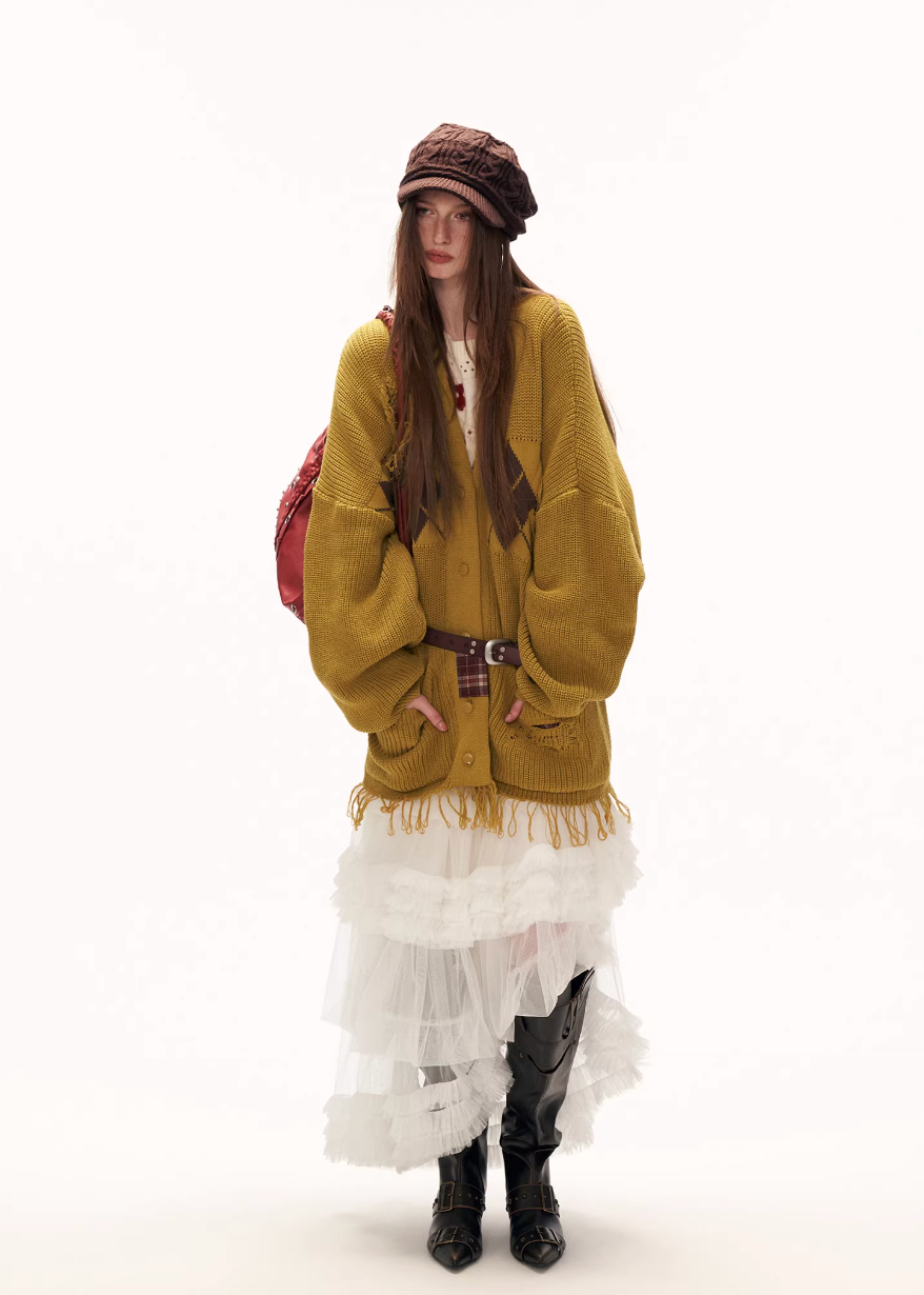 fringed knit sweater women, patchwork sweater jacket, y2k oversized knit, loose fit winter sweater, street style knitwear women, premium casual sweater, lazy fit knit top, autumn winter knitwear, trendy fringe sweater, mamc sweater style, oversized street sweater, casual knit jacket women, fashion patch knit, y2k fashion sweater, long sleeve knit top