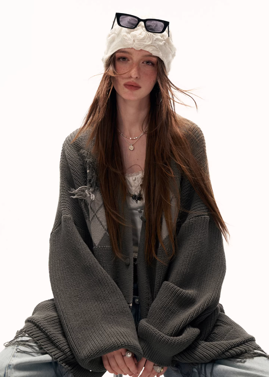 fringed knit sweater women, patchwork sweater jacket, y2k oversized knit, loose fit winter sweater, street style knitwear women, premium casual sweater, lazy fit knit top, autumn winter knitwear, trendy fringe sweater, mamc sweater style, oversized street sweater, casual knit jacket women, fashion patch knit, y2k fashion sweater, long sleeve knit top