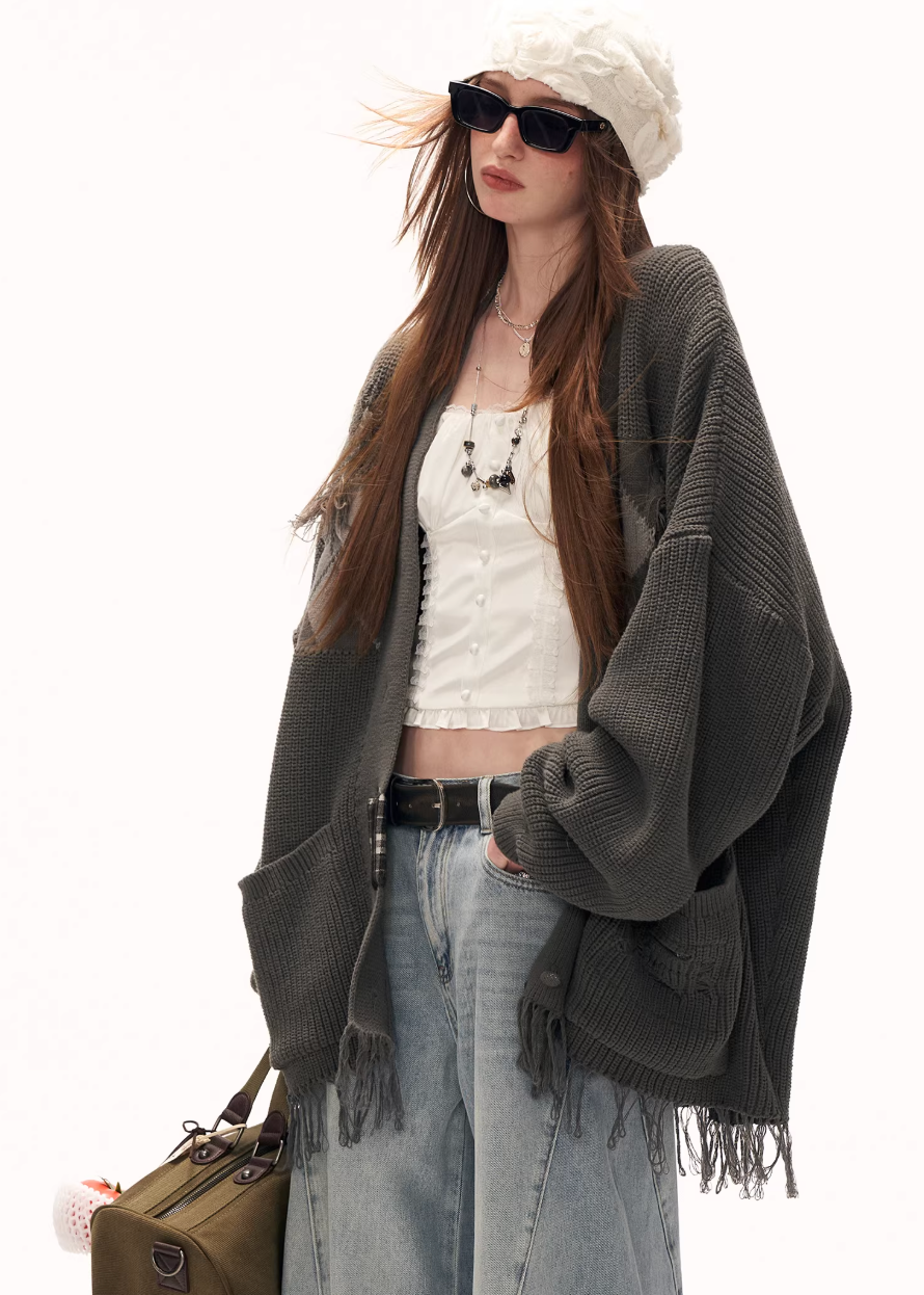 fringed knit sweater women, patchwork sweater jacket, y2k oversized knit, loose fit winter sweater, street style knitwear women, premium casual sweater, lazy fit knit top, autumn winter knitwear, trendy fringe sweater, mamc sweater style, oversized street sweater, casual knit jacket women, fashion patch knit, y2k fashion sweater, long sleeve knit top