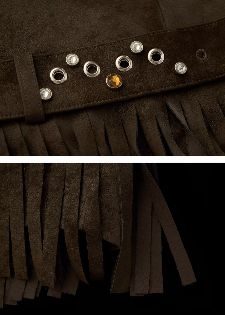 suede fringe shorts women, western style shorts women, y2k mini shorts, high fashion suede shorts, brown fringe shorts, street style shorts women, autumn winter fashion shorts, statement mini slacks, trendy suede bottoms, mamc shorts style, unique design shorts, fringe detail shorts, y2k streetwear women, premium women shorts, fashion western shorts