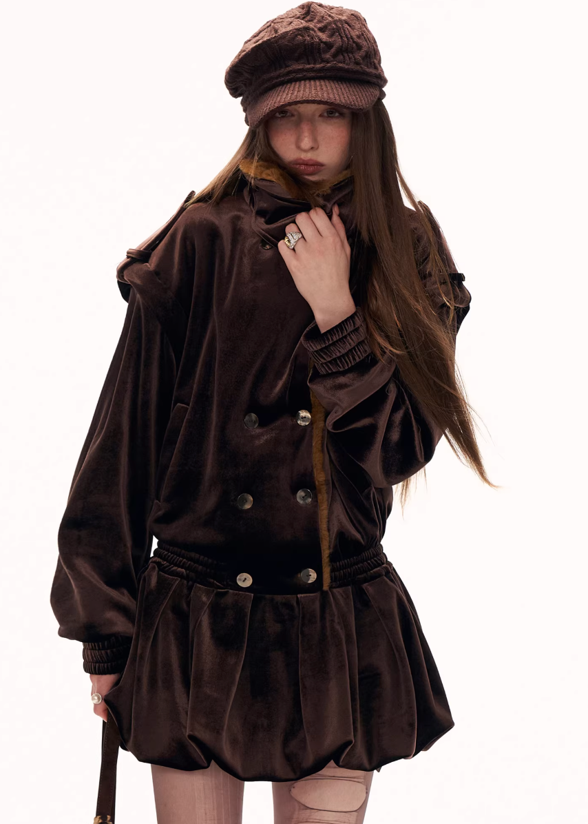 fleece jacket dress women, flower hem jacket skirt, y2k jacket dress, retro winter dress women, waist defined fleece coat, high fashion winter outfit, street style jacket dress, trendy fleece dress women, premium winter fashion women, mamc dress style, sculpted hem jacket, fashion mini coat dress, autumn winter statement dress, y2k streetwear women, high end casual dress