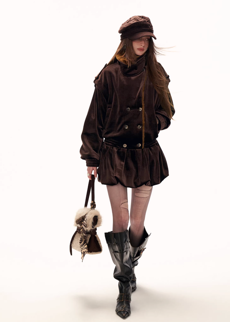 fleece jacket dress women, flower hem jacket skirt, y2k jacket dress, retro winter dress women, waist defined fleece coat, high fashion winter outfit, street style jacket dress, trendy fleece dress women, premium winter fashion women, mamc dress style, sculpted hem jacket, fashion mini coat dress, autumn winter statement dress, y2k streetwear women, high end casual dress