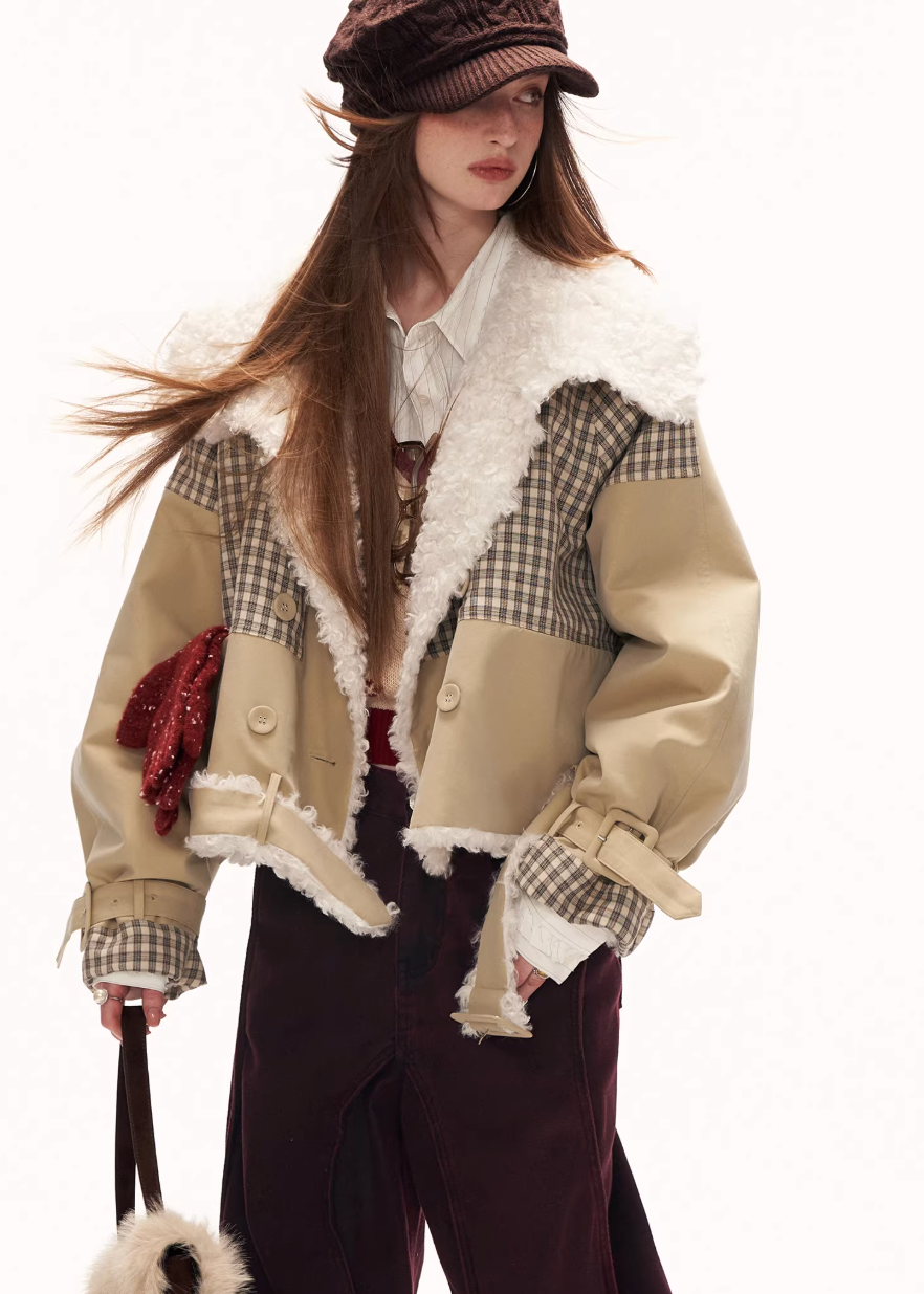 plaid spliced jacket women, fur collar jacket women, y2k street jacket, oversized lapel jacket, autumn winter jacket women, fashion street outerwear, casual statement jacket, retro inspired jacket, mixed fabric jacket women, trendy winter jacket, high fashion street jacket, mamc outerwear style, bold women jacket, streetwear coat women, y2k fashion jacket