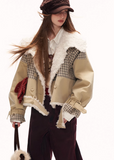 plaid spliced jacket women, fur collar jacket women, y2k street jacket, oversized lapel jacket, autumn winter jacket women, fashion street outerwear, casual statement jacket, retro inspired jacket, mixed fabric jacket women, trendy winter jacket, high fashion street jacket, mamc outerwear style, bold women jacket, streetwear coat women, y2k fashion jacket