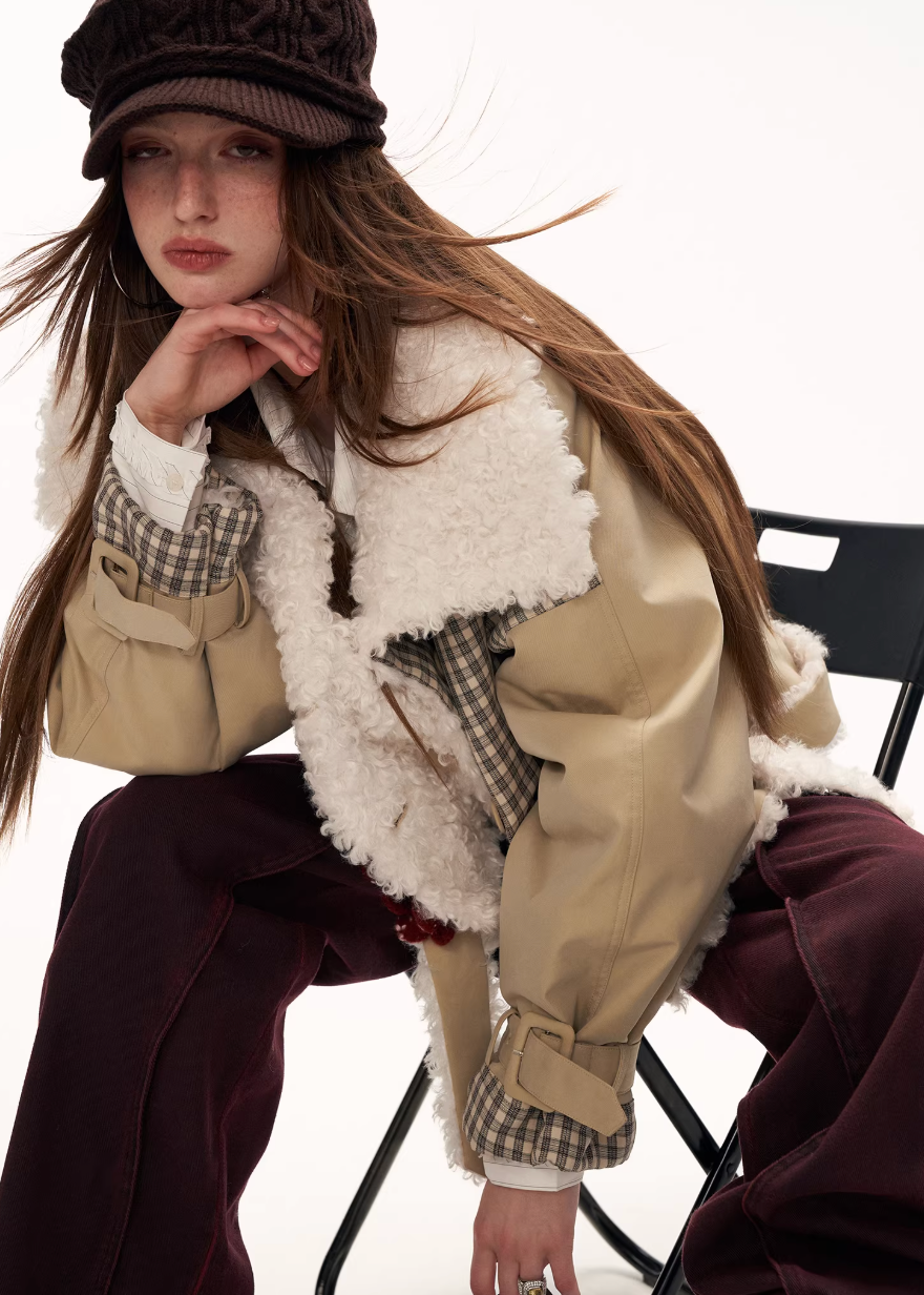 plaid spliced jacket women, fur collar jacket women, y2k street jacket, oversized lapel jacket, autumn winter jacket women, fashion street outerwear, casual statement jacket, retro inspired jacket, mixed fabric jacket women, trendy winter jacket, high fashion street jacket, mamc outerwear style, bold women jacket, streetwear coat women, y2k fashion jacket