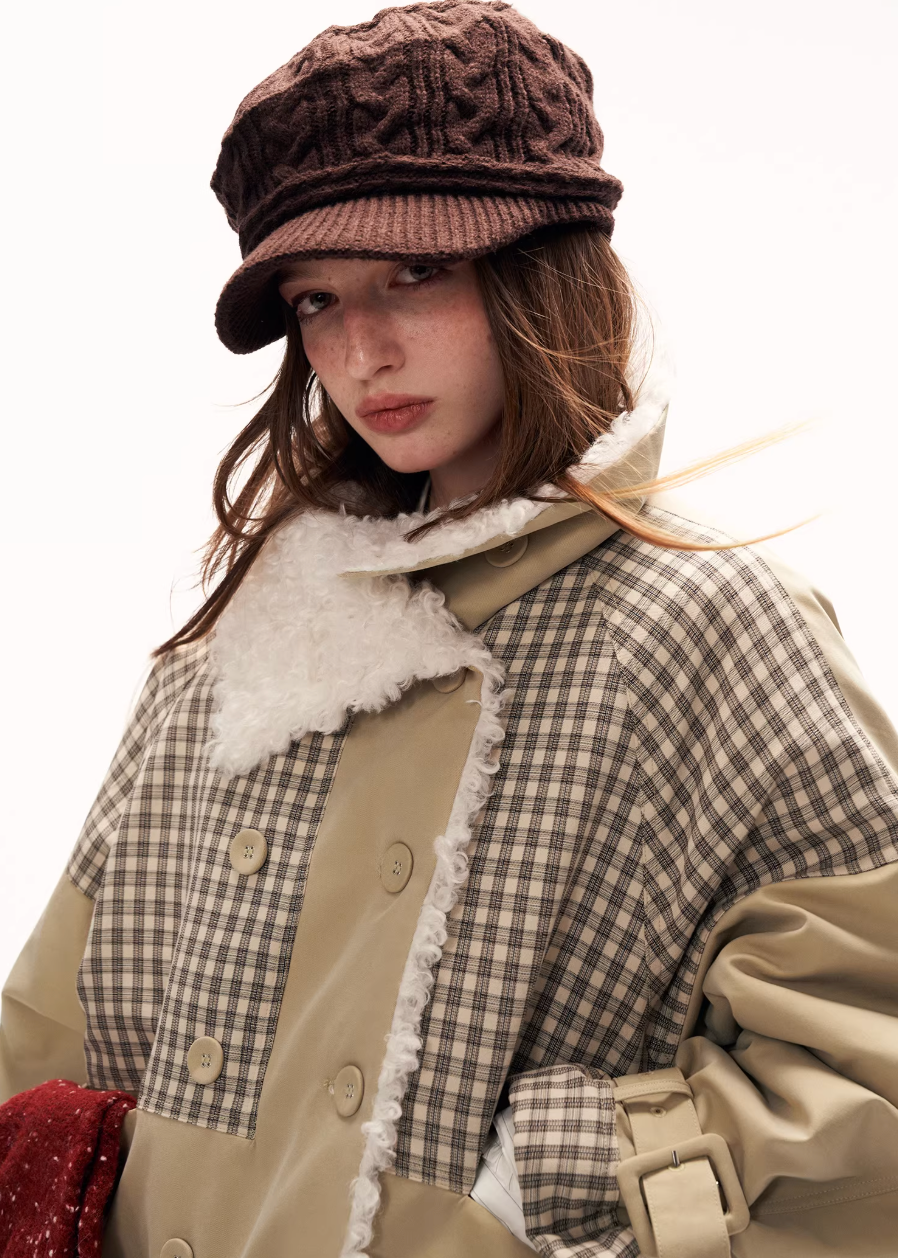 plaid spliced jacket women, fur collar jacket women, y2k street jacket, oversized lapel jacket, autumn winter jacket women, fashion street outerwear, casual statement jacket, retro inspired jacket, mixed fabric jacket women, trendy winter jacket, high fashion street jacket, mamc outerwear style, bold women jacket, streetwear coat women, y2k fashion jacket