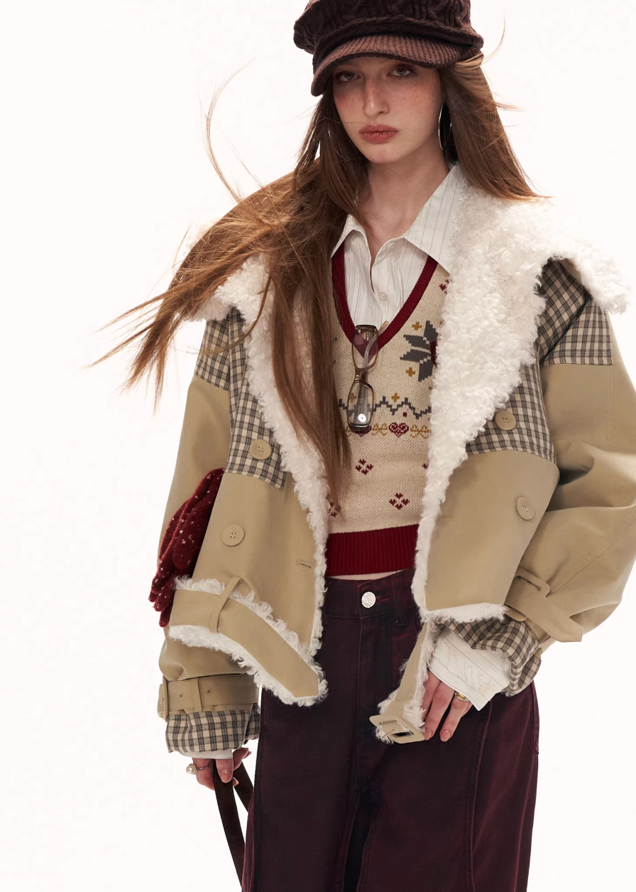 plaid spliced jacket women, fur collar jacket women, y2k street jacket, oversized lapel jacket, autumn winter jacket women, fashion street outerwear, casual statement jacket, retro inspired jacket, mixed fabric jacket women, trendy winter jacket, high fashion street jacket, mamc outerwear style, bold women jacket, streetwear coat women, y2k fashion jacket