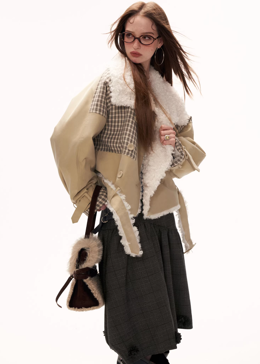 plaid spliced jacket women, fur collar jacket women, y2k street jacket, oversized lapel jacket, autumn winter jacket women, fashion street outerwear, casual statement jacket, retro inspired jacket, mixed fabric jacket women, trendy winter jacket, high fashion street jacket, mamc outerwear style, bold women jacket, streetwear coat women, y2k fashion jacket