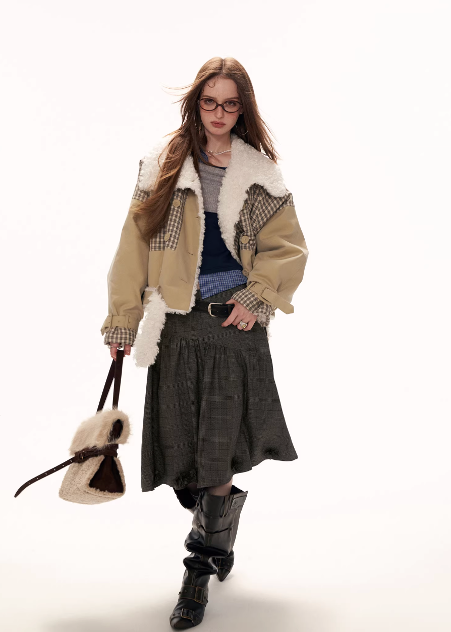 plaid spliced jacket women, fur collar jacket women, y2k street jacket, oversized lapel jacket, autumn winter jacket women, fashion street outerwear, casual statement jacket, retro inspired jacket, mixed fabric jacket women, trendy winter jacket, high fashion street jacket, mamc outerwear style, bold women jacket, streetwear coat women, y2k fashion jacket