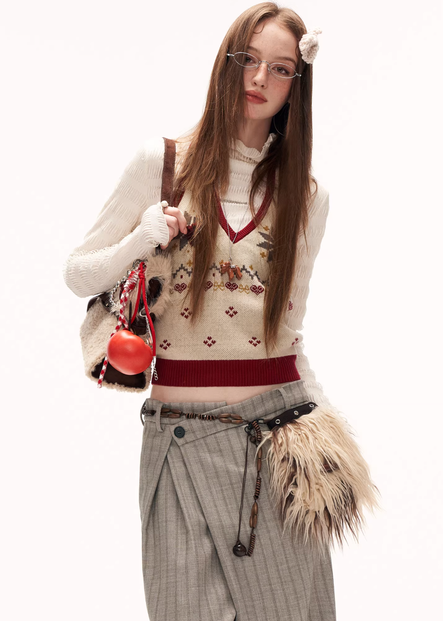 fair isle knit vest women, y2k sweater vest, halter neck knit top, v neck knit vest, street style knitwear women, autumn winter knit vest, retro pattern sweater, layered knit top women, casual street knit vest, trendy y2k top women, fashion knit vest, mamc knit style, cozy streetwear knit, versatile sweater vest, women street fashion top