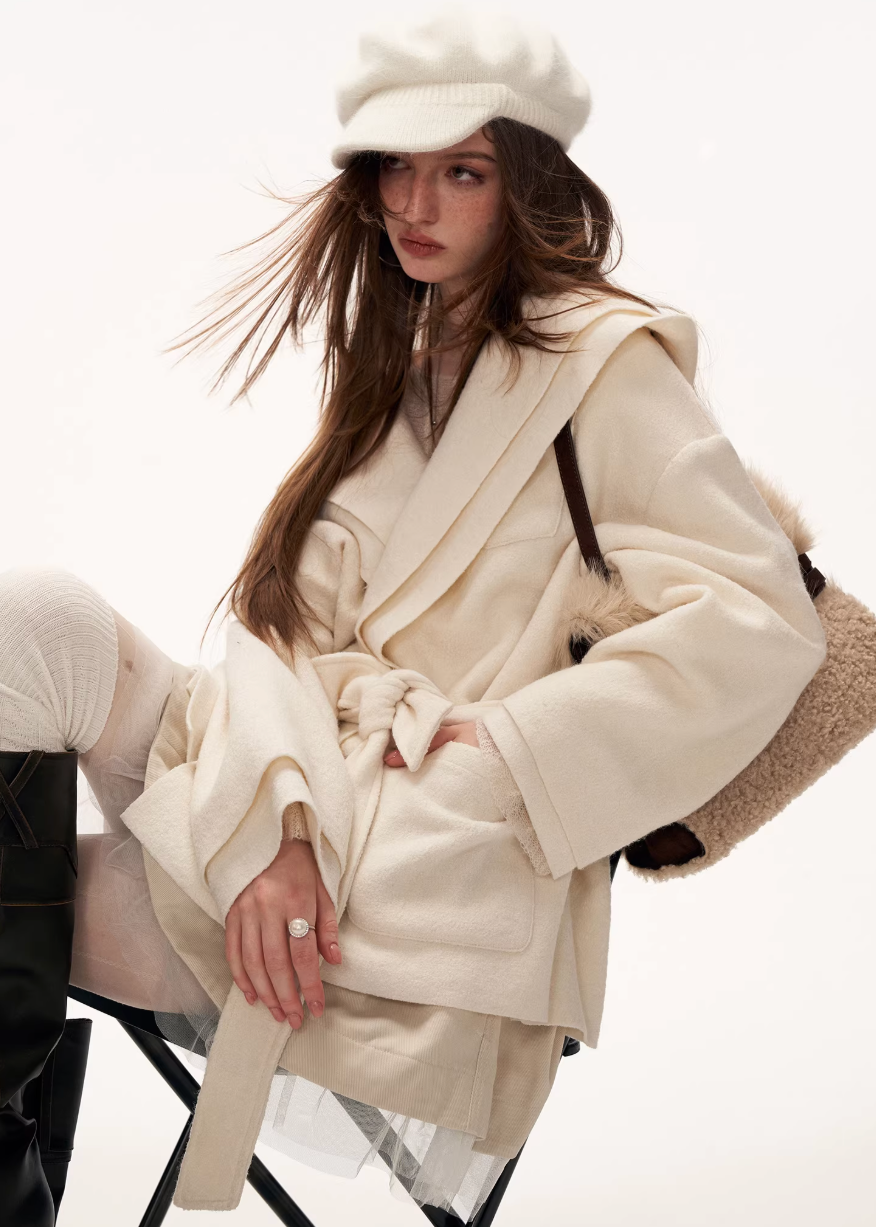 double layer coat women, oversized lapel jacket, y2k winter coat women, fluffy strap coat, high end women outerwear, foreign style jacket women, loose fit winter jacket, statement winter coat, trendy winter outerwear, mamc coat style, belted winter jacket, premium fashion coat women, modern street coat, layered design jacket, y2k fashion outerwear