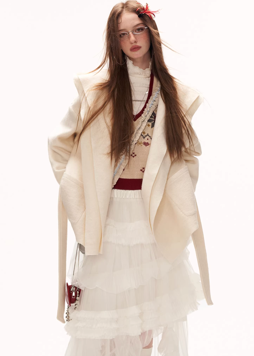 double layer coat women, oversized lapel jacket, y2k winter coat women, fluffy strap coat, high end women outerwear, foreign style jacket women, loose fit winter jacket, statement winter coat, trendy winter outerwear, mamc coat style, belted winter jacket, premium fashion coat women, modern street coat, layered design jacket, y2k fashion outerwear