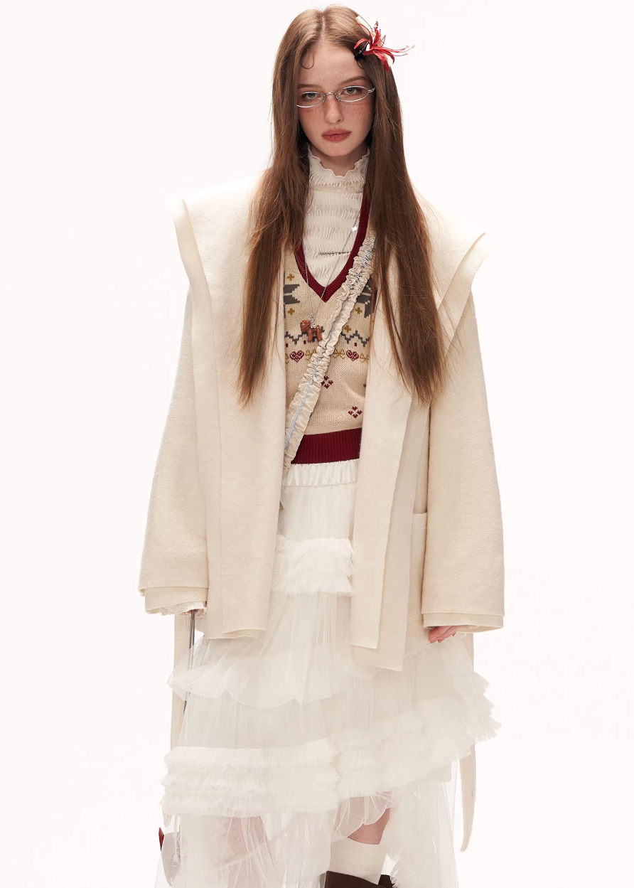 double layer coat women, oversized lapel jacket, y2k winter coat women, fluffy strap coat, high end women outerwear, foreign style jacket women, loose fit winter jacket, statement winter coat, trendy winter outerwear, mamc coat style, belted winter jacket, premium fashion coat women, modern street coat, layered design jacket, y2k fashion outerwear