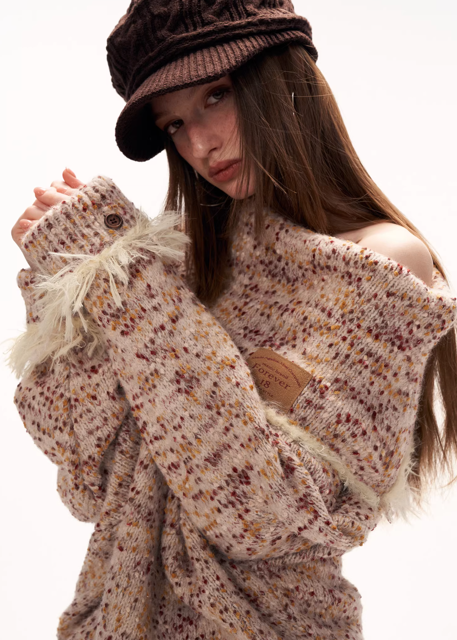 mixed grain sweater women, slanted neck knit top, y2k loose sweater, fleece knit jacket women, high neck sweater women, lazy fit knitwear, street style sweater women, autumn winter knit top, cozy oversized sweater, trendy knit jacket women, mamc sweater style, relaxed fit fleece knit, casual street knitwear, fashion long sleeve sweater, y2k streetwear knit