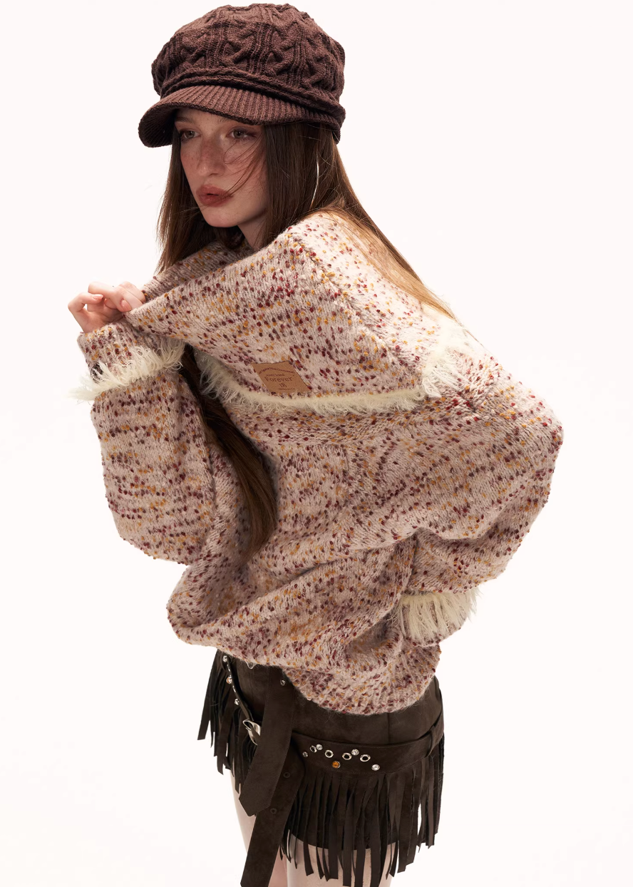 mixed grain sweater women, slanted neck knit top, y2k loose sweater, fleece knit jacket women, high neck sweater women, lazy fit knitwear, street style sweater women, autumn winter knit top, cozy oversized sweater, trendy knit jacket women, mamc sweater style, relaxed fit fleece knit, casual street knitwear, fashion long sleeve sweater, y2k streetwear knit