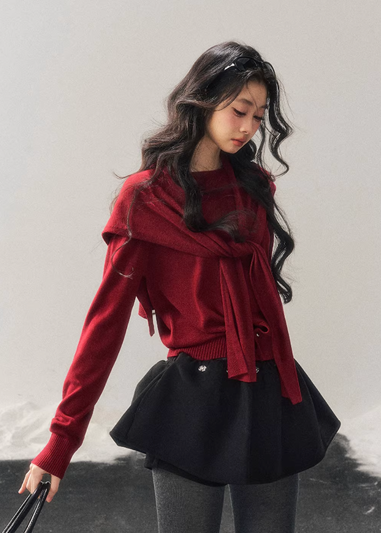 women knit sweater set, shawl collar sweater women, korean minimal knit, collegiate style sweater, winter knit top women, layered knit set, short sweater women, refined casual knit, elegant daily wear women, premium knitwear women, soft feminine sweater, two piece knit outfit, modern women sweater, aomalm knit style, minimal winter top