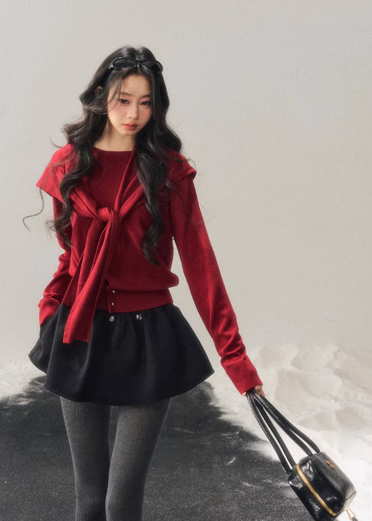 women knit sweater set, shawl collar sweater women, korean minimal knit, collegiate style sweater, winter knit top women, layered knit set, short sweater women, refined casual knit, elegant daily wear women, premium knitwear women, soft feminine sweater, two piece knit outfit, modern women sweater, aomalm knit style, minimal winter top