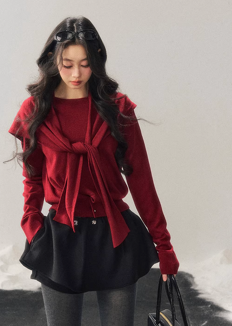 women knit sweater set, shawl collar sweater women, korean minimal knit, collegiate style sweater, winter knit top women, layered knit set, short sweater women, refined casual knit, elegant daily wear women, premium knitwear women, soft feminine sweater, two piece knit outfit, modern women sweater, aomalm knit style, minimal winter top