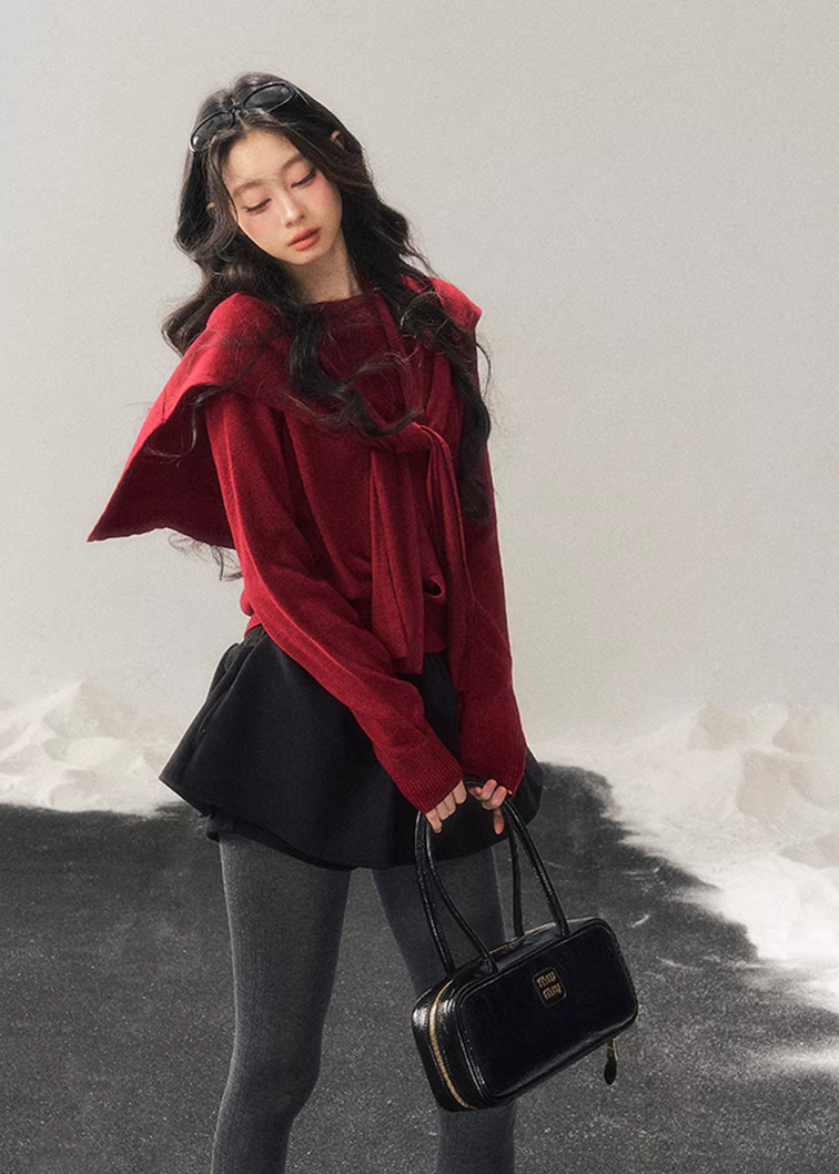 women knit sweater set, shawl collar sweater women, korean minimal knit, collegiate style sweater, winter knit top women, layered knit set, short sweater women, refined casual knit, elegant daily wear women, premium knitwear women, soft feminine sweater, two piece knit outfit, modern women sweater, aomalm knit style, minimal winter top