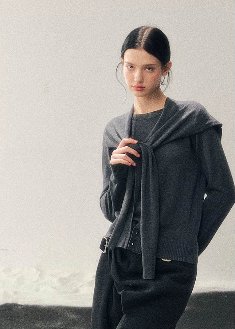 women knit sweater set, shawl collar sweater women, korean minimal knit, collegiate style sweater, winter knit top women, layered knit set, short sweater women, refined casual knit, elegant daily wear women, premium knitwear women, soft feminine sweater, two piece knit outfit, modern women sweater, aomalm knit style, minimal winter top