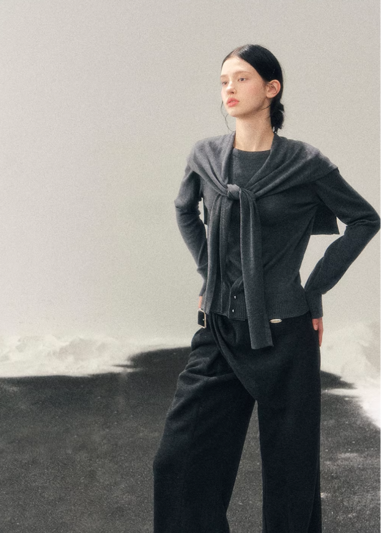 women knit sweater set, shawl collar sweater women, korean minimal knit, collegiate style sweater, winter knit top women, layered knit set, short sweater women, refined casual knit, elegant daily wear women, premium knitwear women, soft feminine sweater, two piece knit outfit, modern women sweater, aomalm knit style, minimal winter top