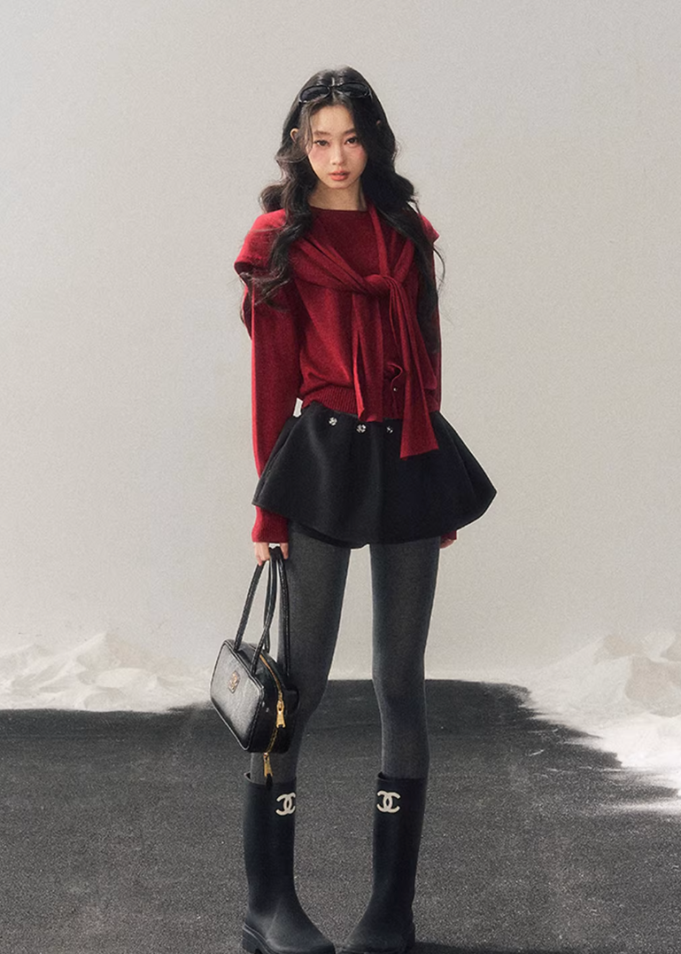 women knit sweater set, shawl collar sweater women, korean minimal knit, collegiate style sweater, winter knit top women, layered knit set, short sweater women, refined casual knit, elegant daily wear women, premium knitwear women, soft feminine sweater, two piece knit outfit, modern women sweater, aomalm knit style, minimal winter top